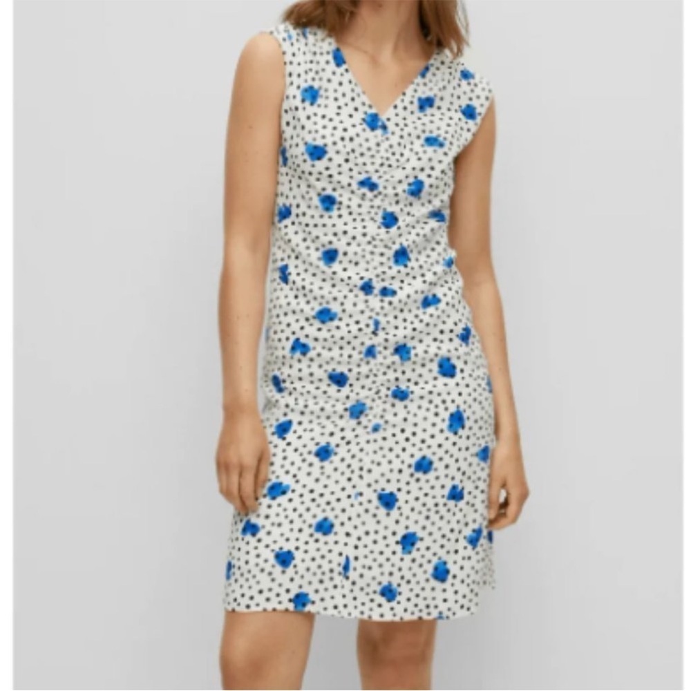 NWT Hugo Boss Demala Ruched Dress In Blue Dot‎ White Fantasy Size 16
